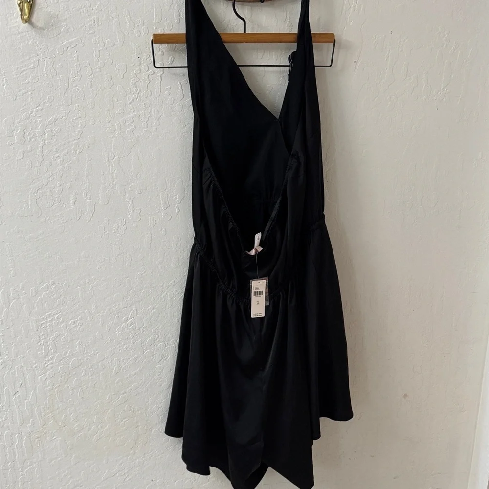 Anthropologie Hutch Black Halter Satin Romper XL Waist Tie Open Back NWT
